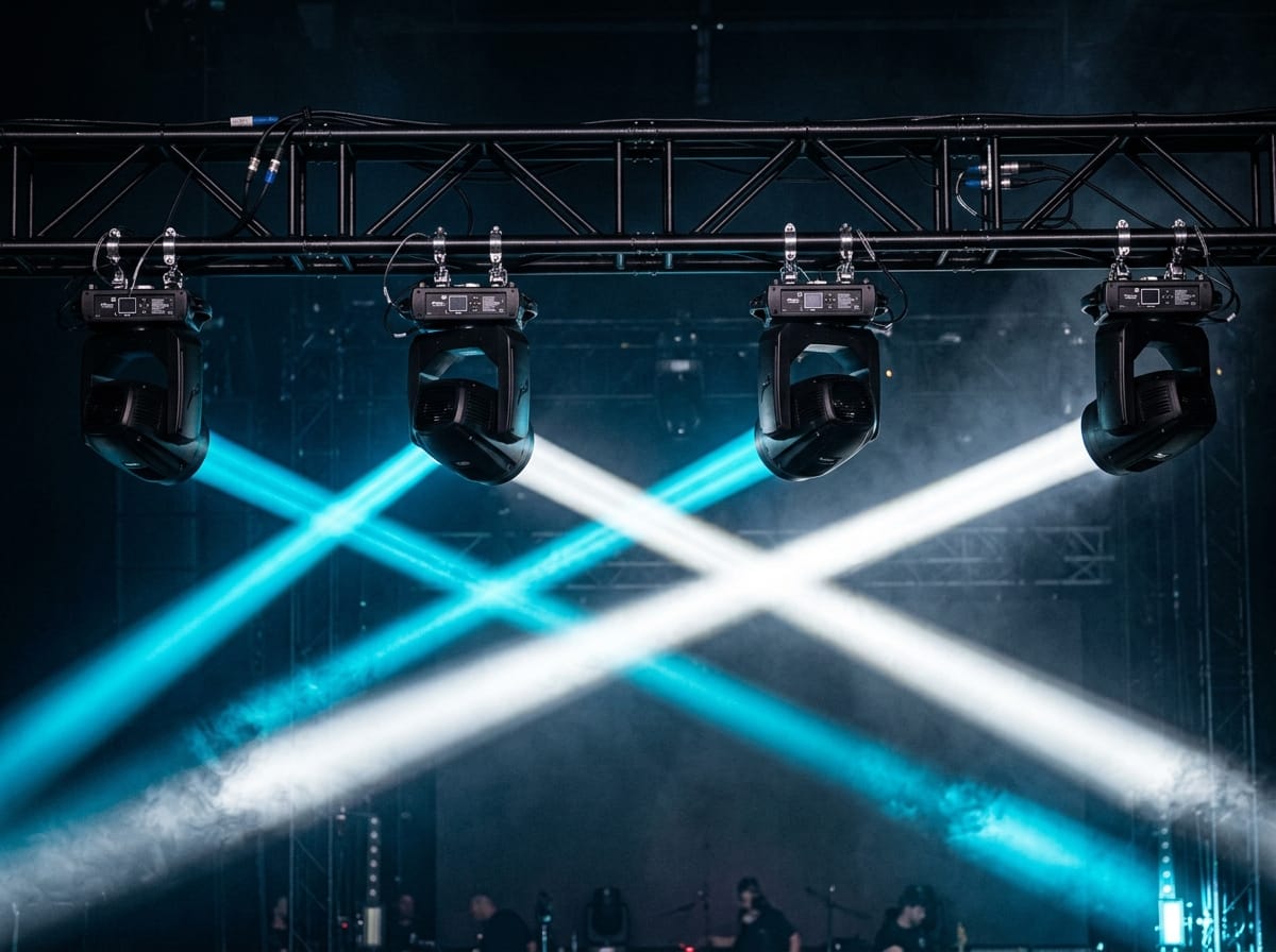 Moving head beam lights on stage truss at a live event